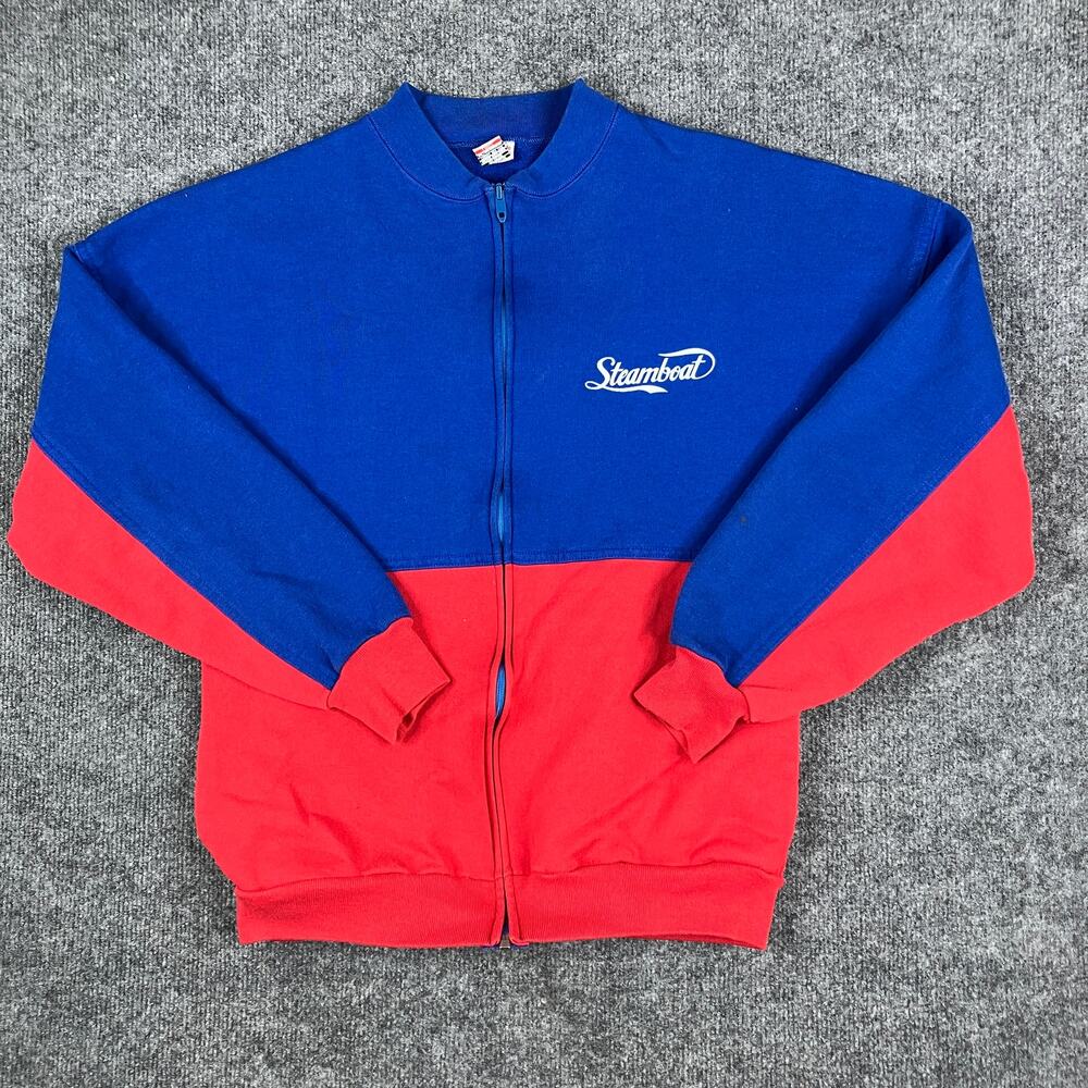 Textile Prints Sweatshirt Mens‎ L Blue Red Steamboat Zip Vintage Colorblock USA